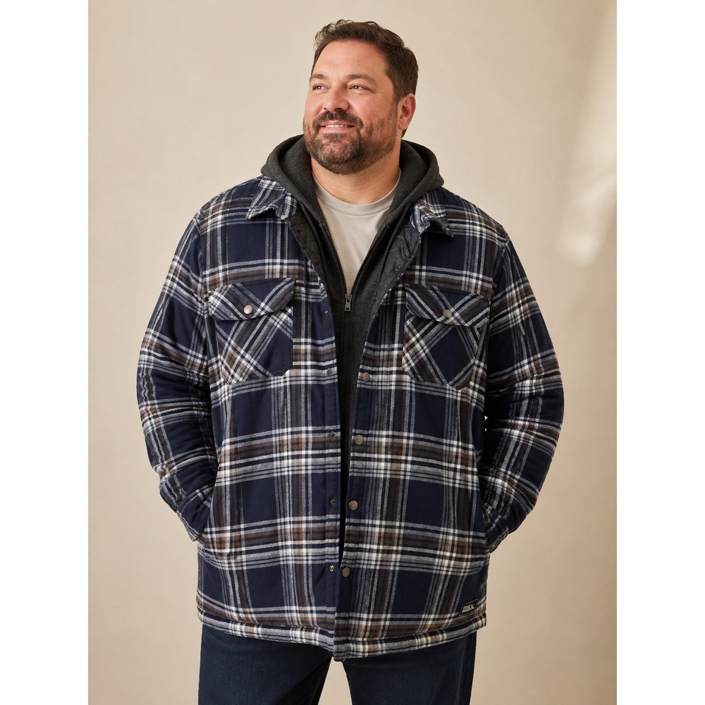 Eddie Bauer Quilted Lined Hooded Flannel Jacket Men's XXL Navy Plaid